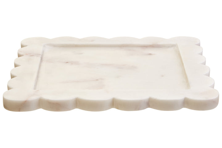 Oria White Marble Square Large Tray with Scallop Edges