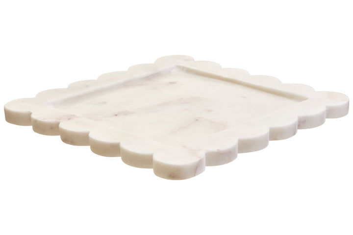 Oria White Marble Square Large Tray with Scallop Edges