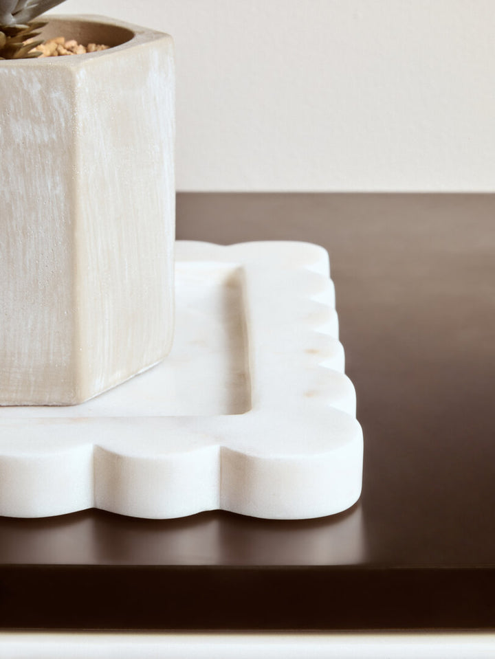 Oria White Marble Square Small Tray with Scallop Edges