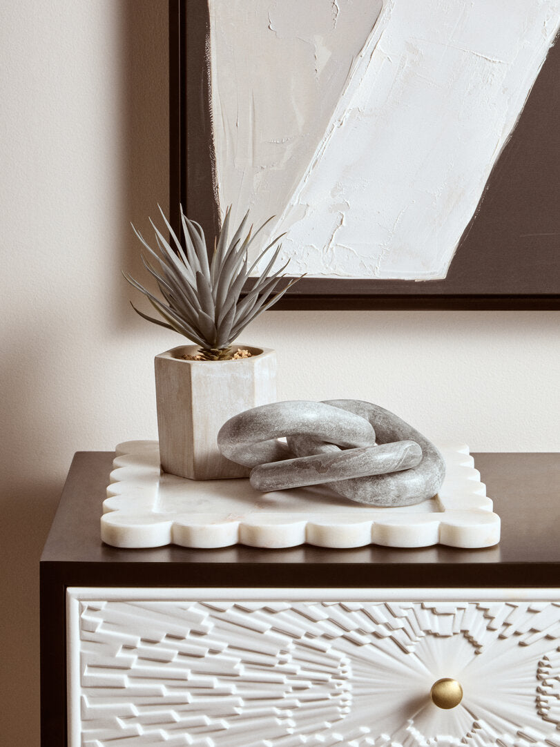 Oria White Marble Square Large Tray with Scallop Edges