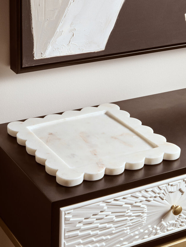 Oria White Marble Square Large Tray with Scallop Edges