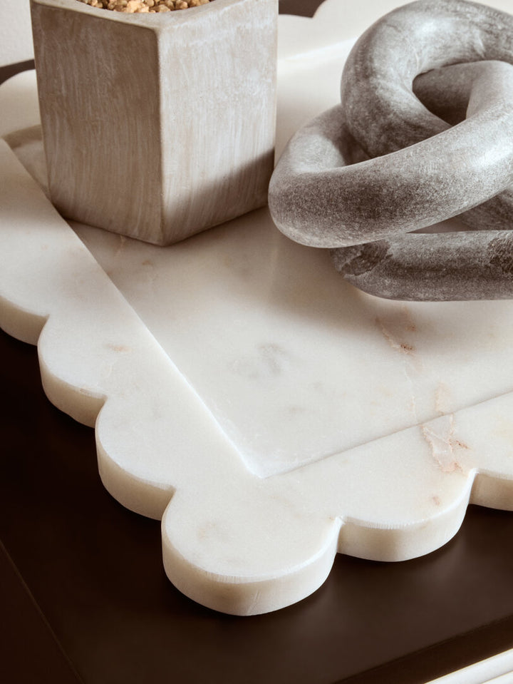 Oria White Marble Square Large Tray with Scallop Edges