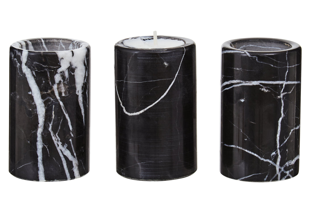Forio Set Of Three Black Marble Tealight Holders