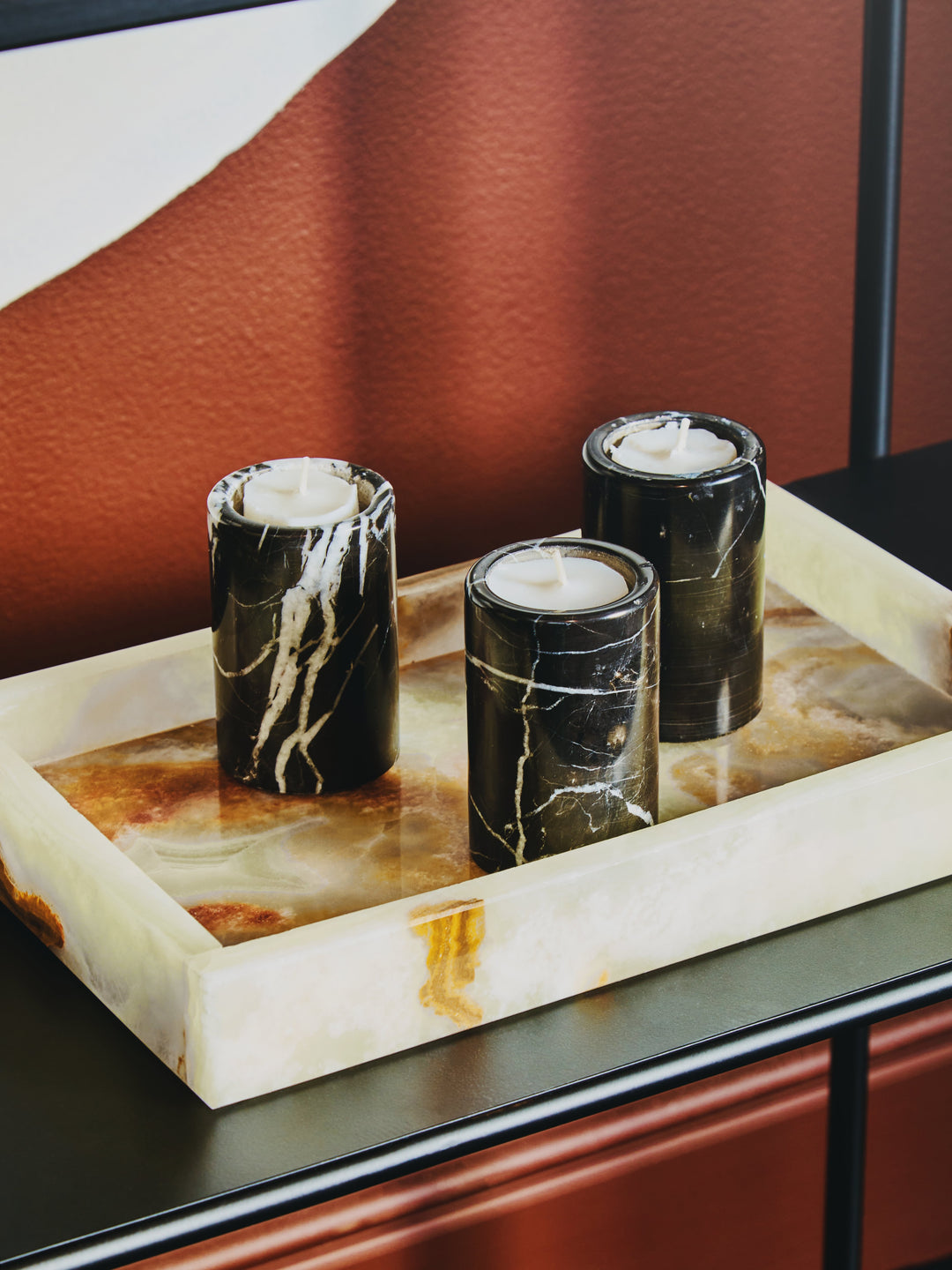 Forio Set Of Three Black Marble Tealight Holders