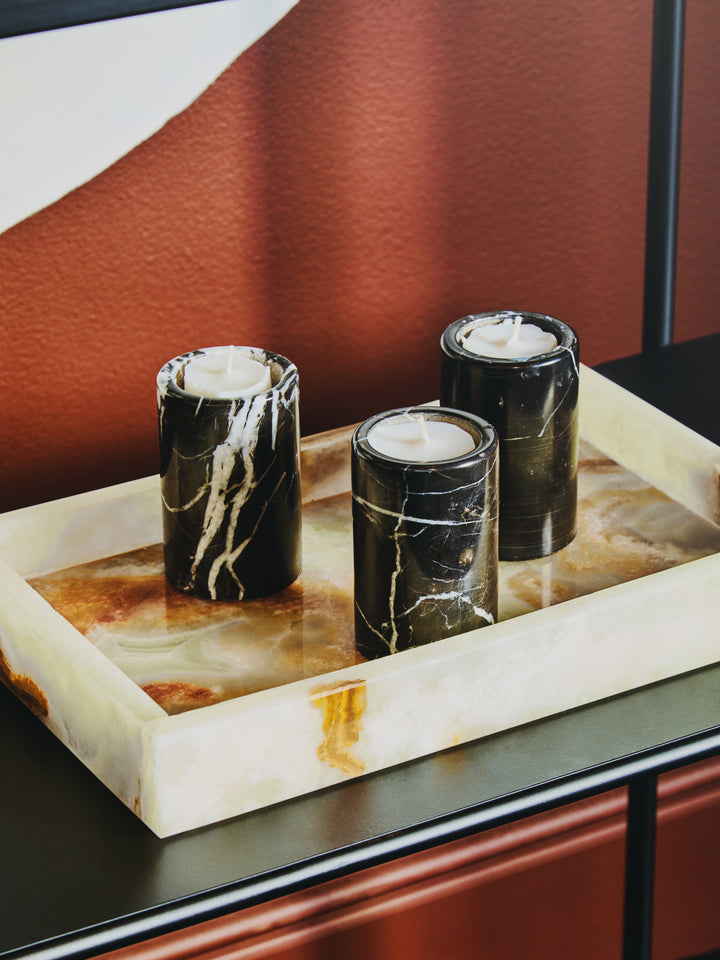 Forio Set Of Three Black Marble Tealight Holders